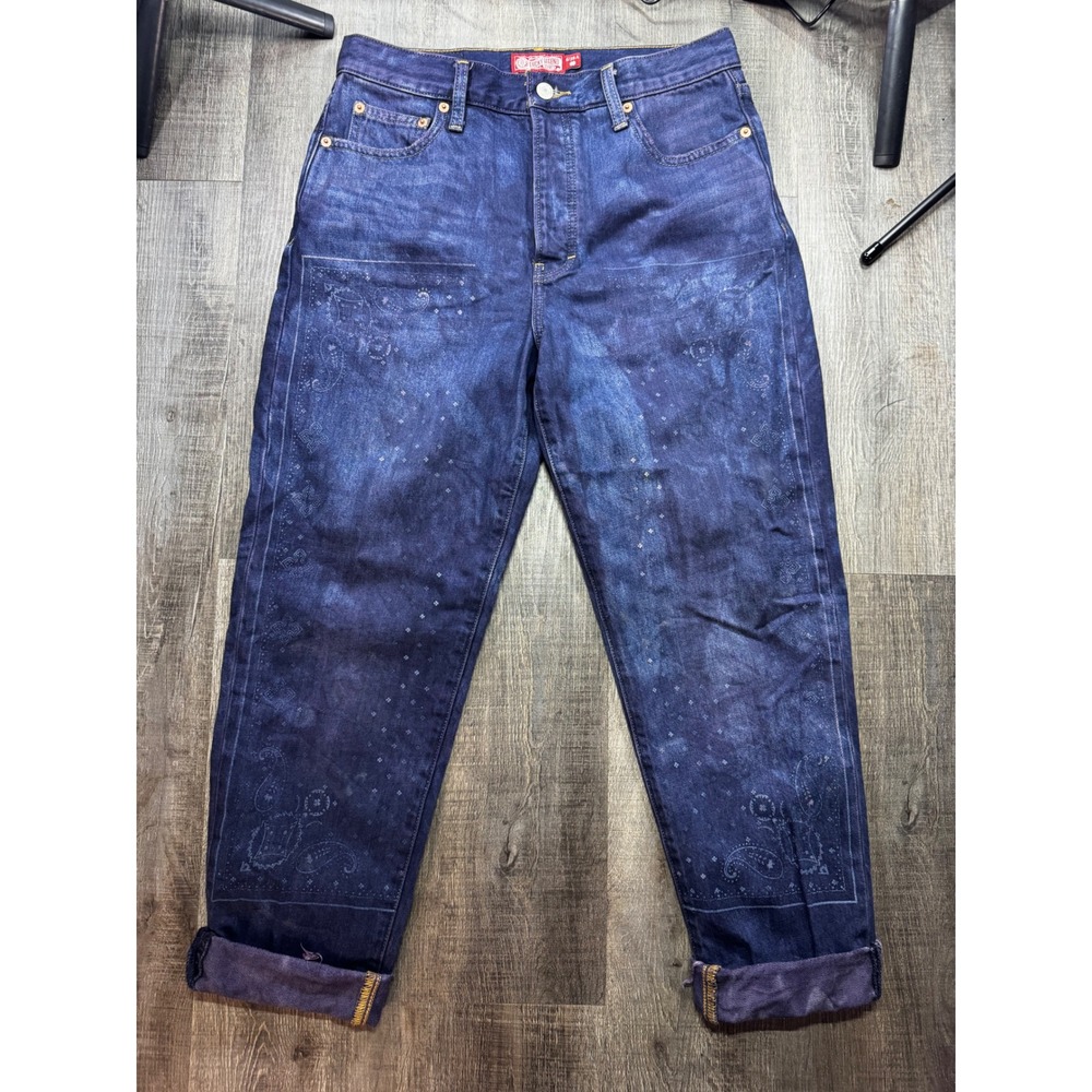 Lucky Brand Drew Mom High Rise Taper Jeans Paisley Print Indigo Blue 6 Distress
